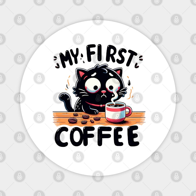 Kitty's Caffeine Shock: First Black Coffee Adventure Magnet by WEARWORLD